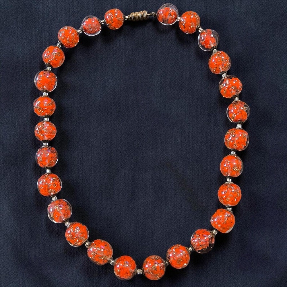 Vintage Venetian Style Art Glass Aventurine Necklace | Orange Red Murano Style